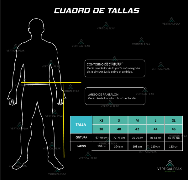 cuadro de tallas pantalones rapido secado vertical